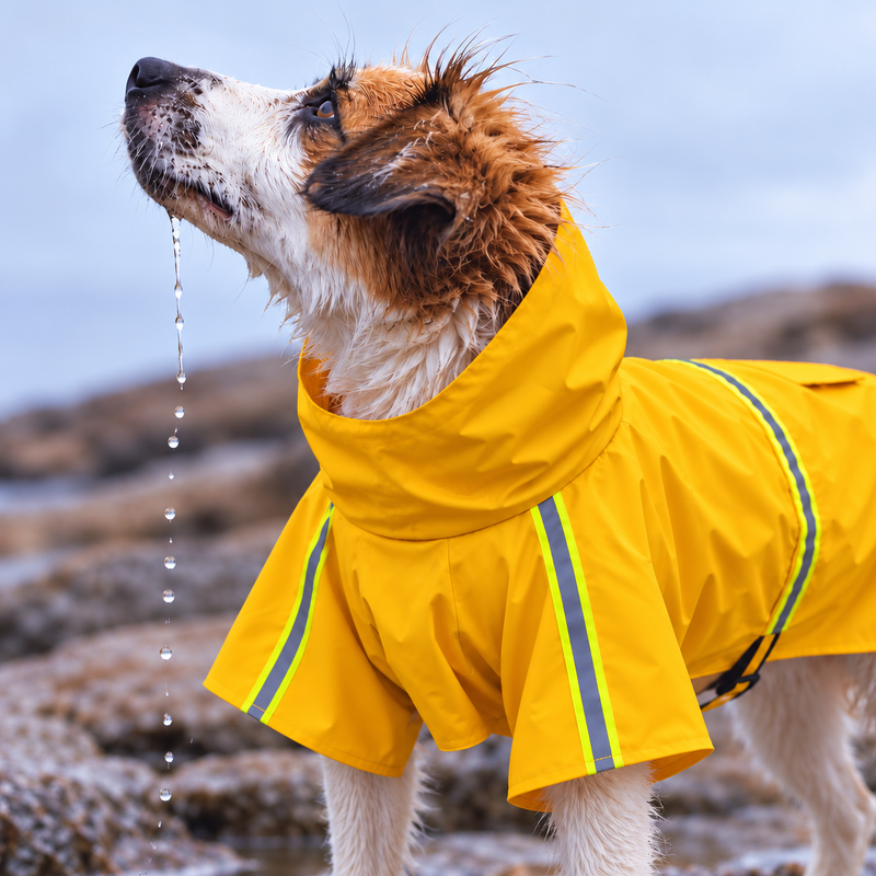 Dog wearing the Form Storm Coat in Gorse Yellow by the sea