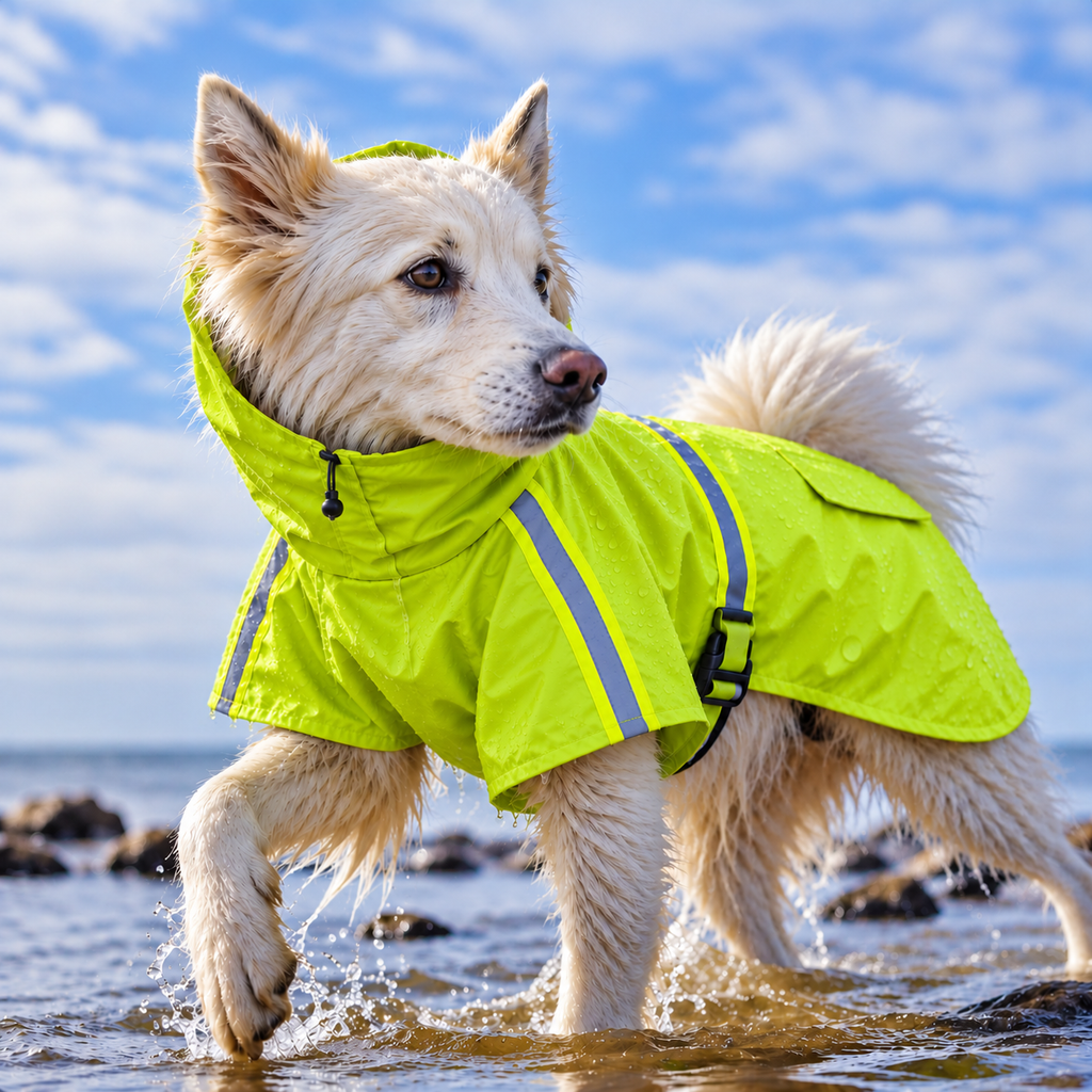 Wet dog wearing the Form Storm Coat on the beach