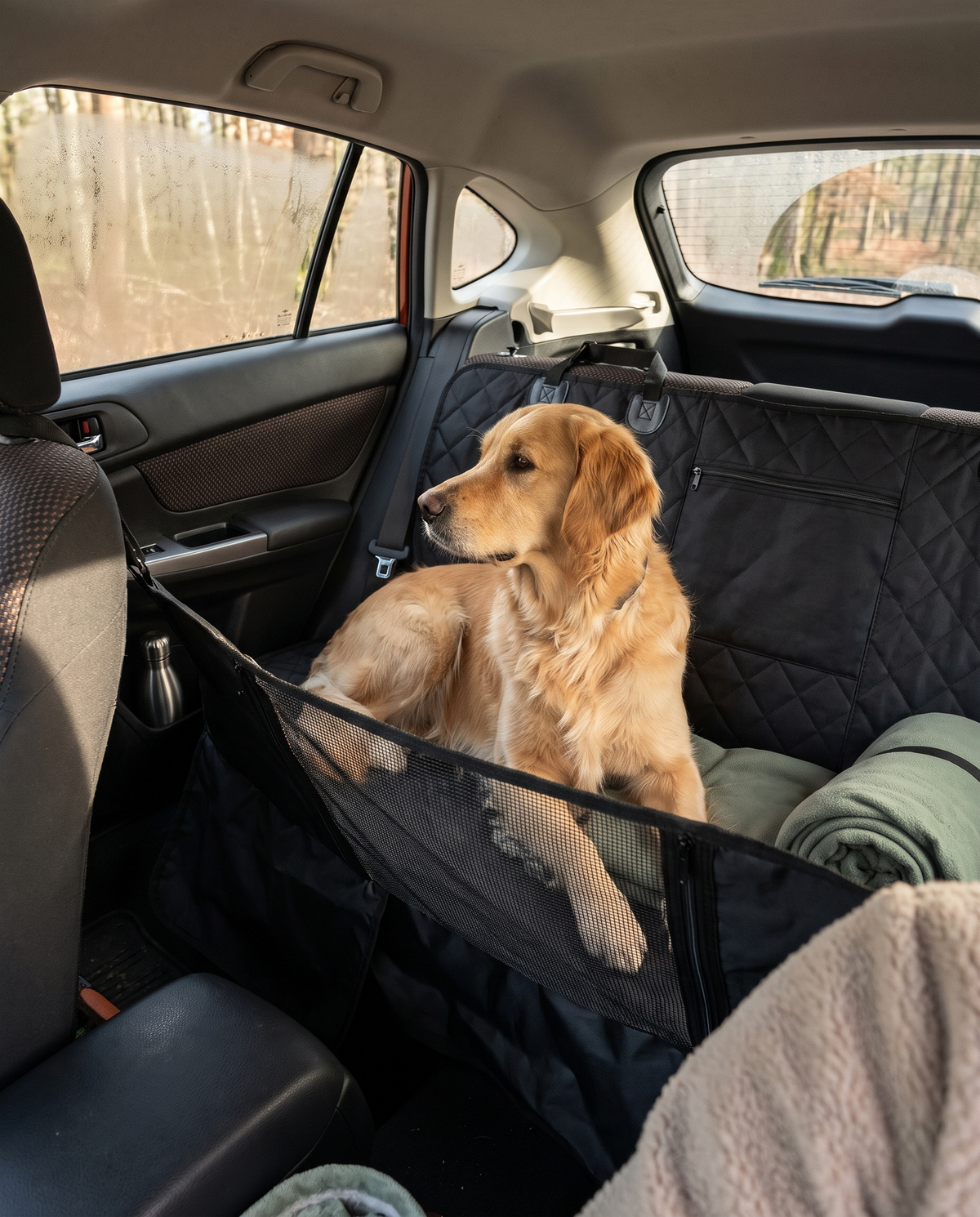 Dog sitting on the Form Car Seat Cover in the back of a car