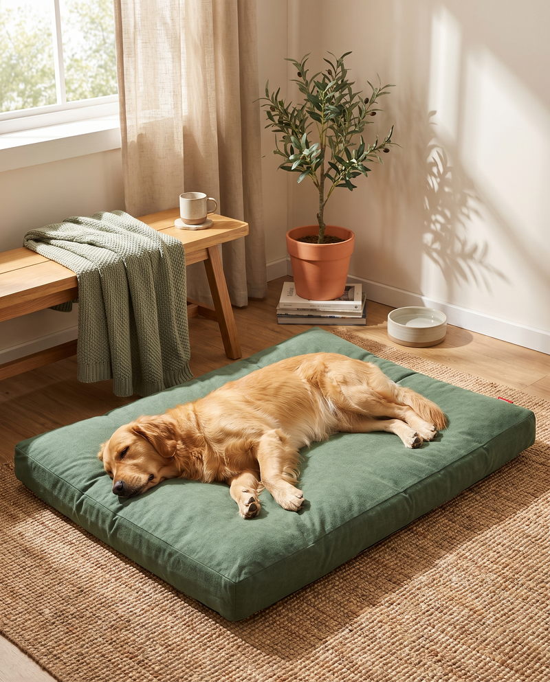 Dog resting on FELL washable flannel dog bed mattress by a sunlit window