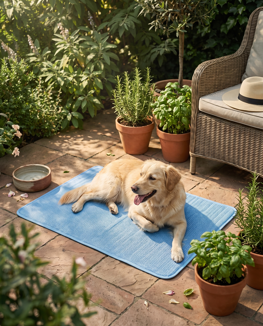Dog lying on the Form Cooling Mat in a shaded garden