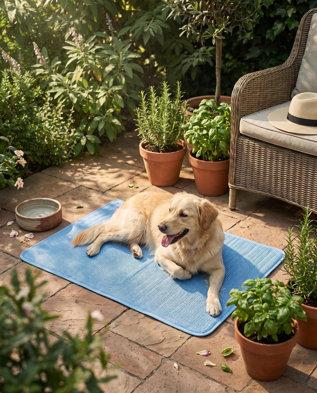 Dog lying on the Form Cooling Mat in a shaded garden