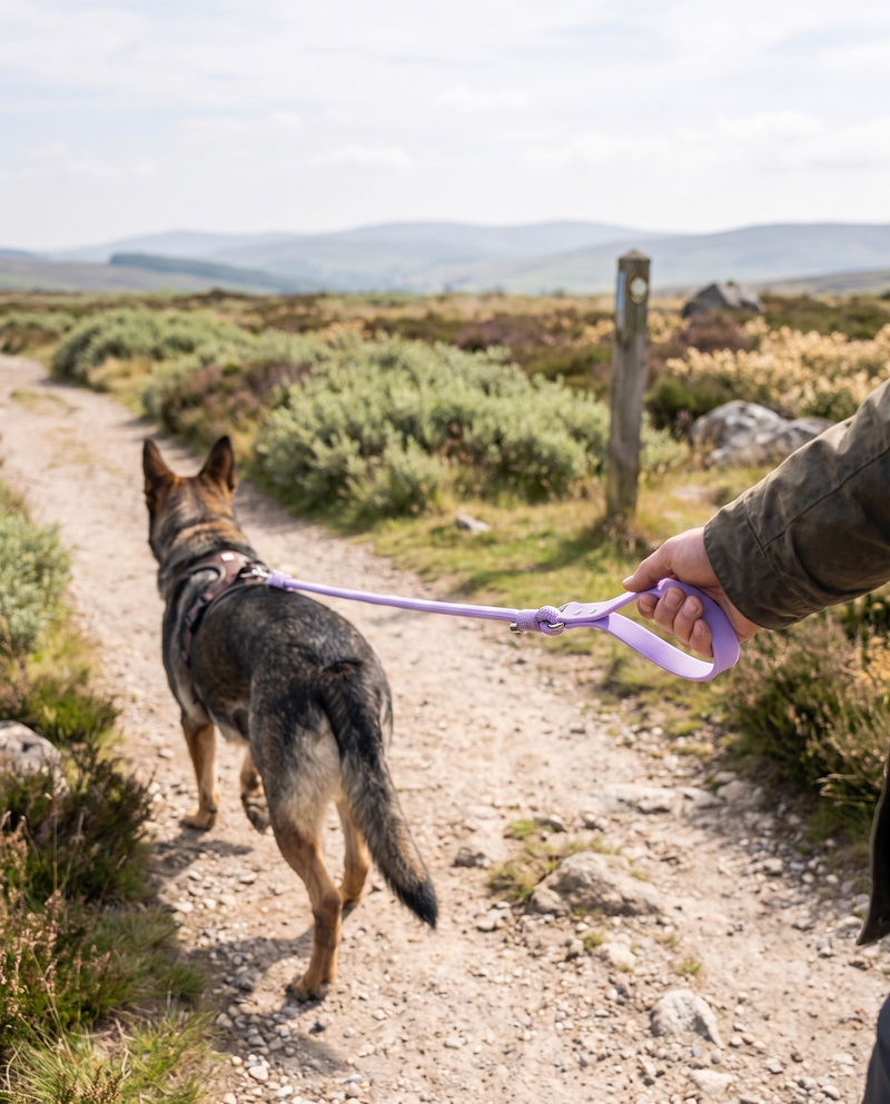 Owner walking a large dog on the Form Padded Lead on an open trail